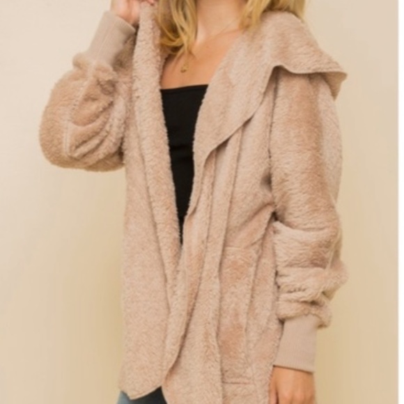 Tops - SOLD OUT Taupe Soft Faux Fur Fleece Plush One Size Hooded Cardigan Jacket